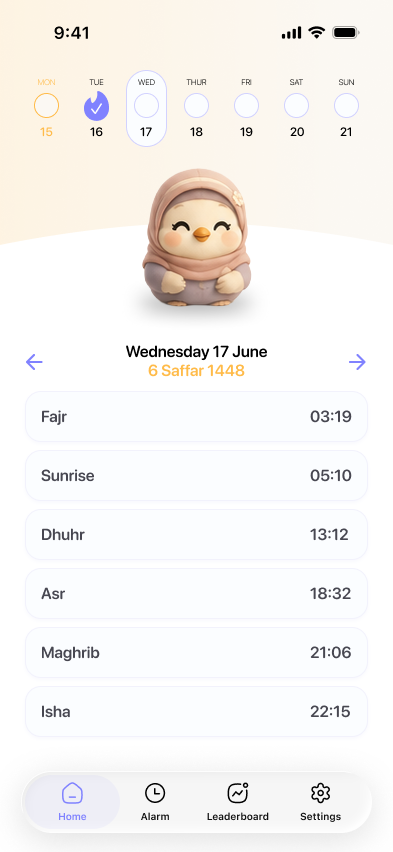Home screen showing the week and today's prayer times