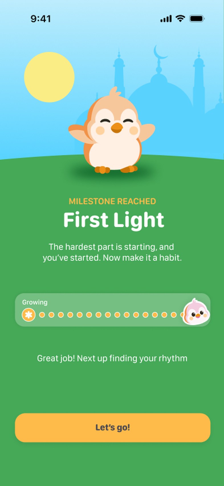 A milestone screen reading First Light.