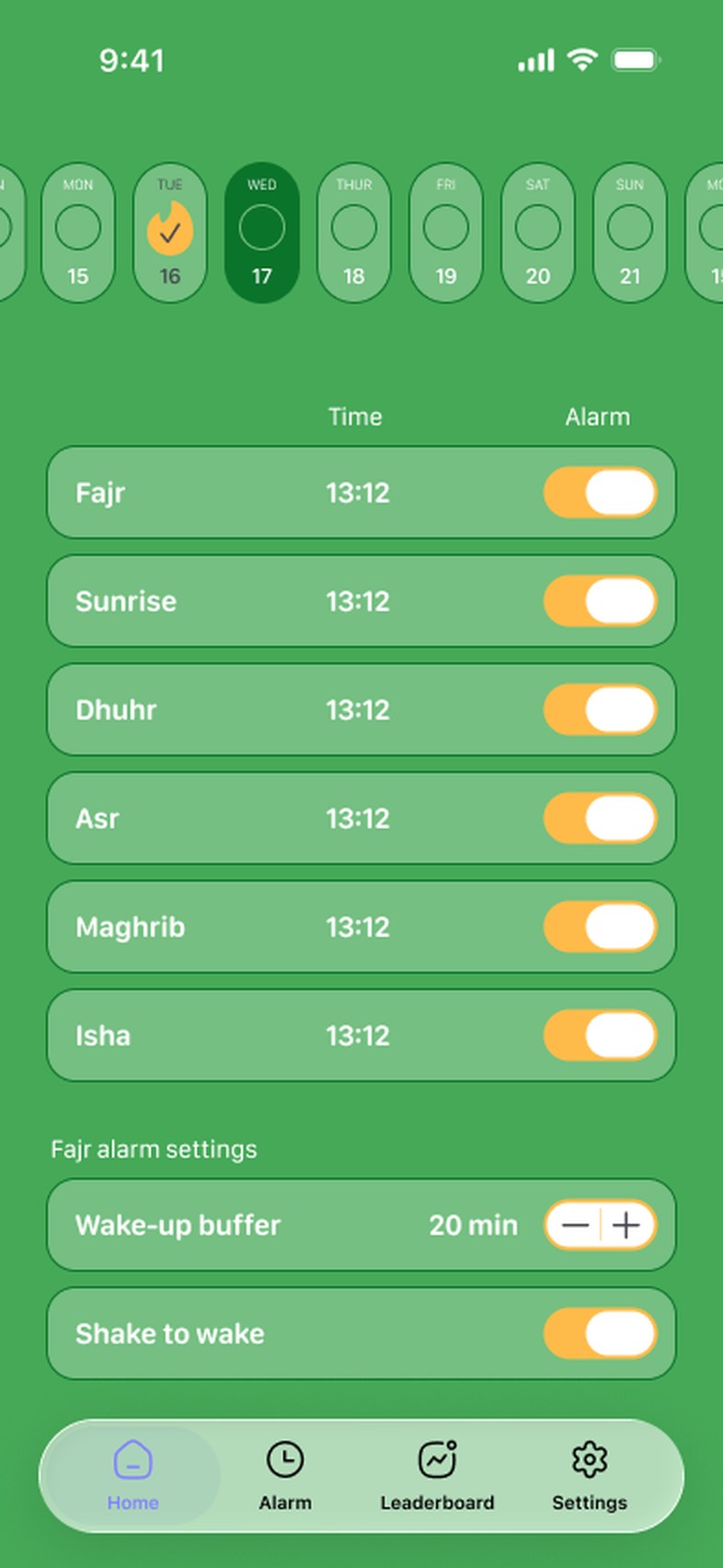 Prayer times for all five prayers with alarm toggles.