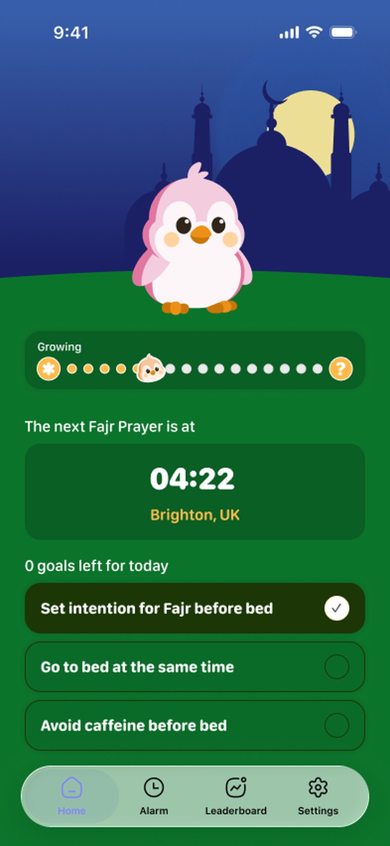 Tonight's goals: set intention for Fajr, go to bed at the same time, avoid caffeine.